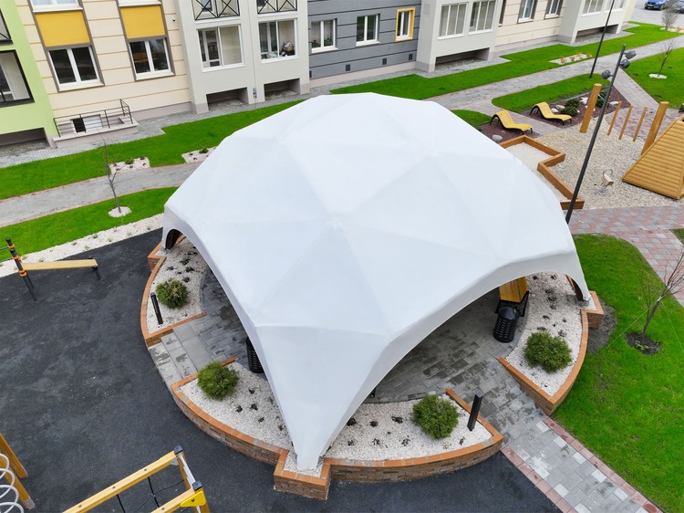 Фото - готовый проект, деревянный шатер, г. Киров 8х8м, 2021 год, деревянный каркас, вид сверху, купол